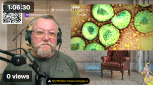 Gaz X presenting a live broadcast about pneumonic plague, with a microscopic image displayed beside him.