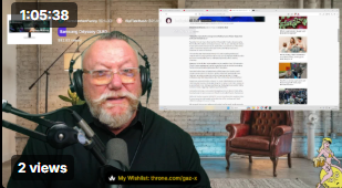 Gaz X presenting a live news and current affairs broadcast, wearing headphones and speaking into a microphone with a news article displayed beside him.
